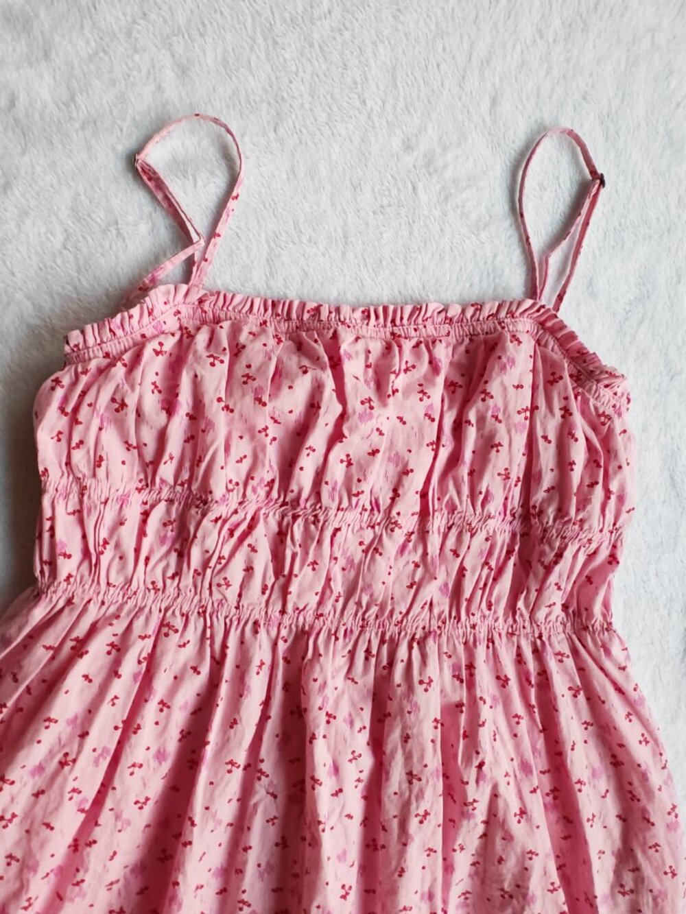 Free People Gabby Mini Dress Pink Cherry Print Size XS Boho Cottagecore Smocked - Picture 7 of 16